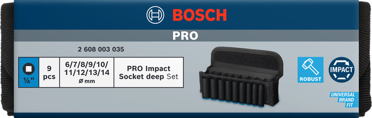 Conjunto de soquetes de impacto Bosch PRO de 1/4″ de profundidade, 9 peças.